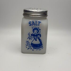 Vintage Milk Glass Salt Shaker Blue Bonnet Girl Graphic White Square Farmhouse